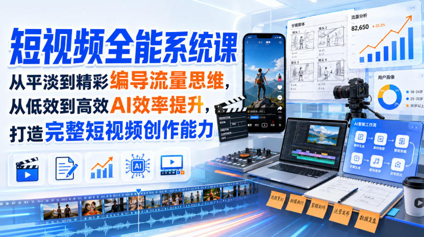 短视频全能系统课，从平淡到精彩编导流量思维，从低效到高效AI效率提升，打造完整短视频创作能力(2026年8月30更新233集)-旺仔资源库