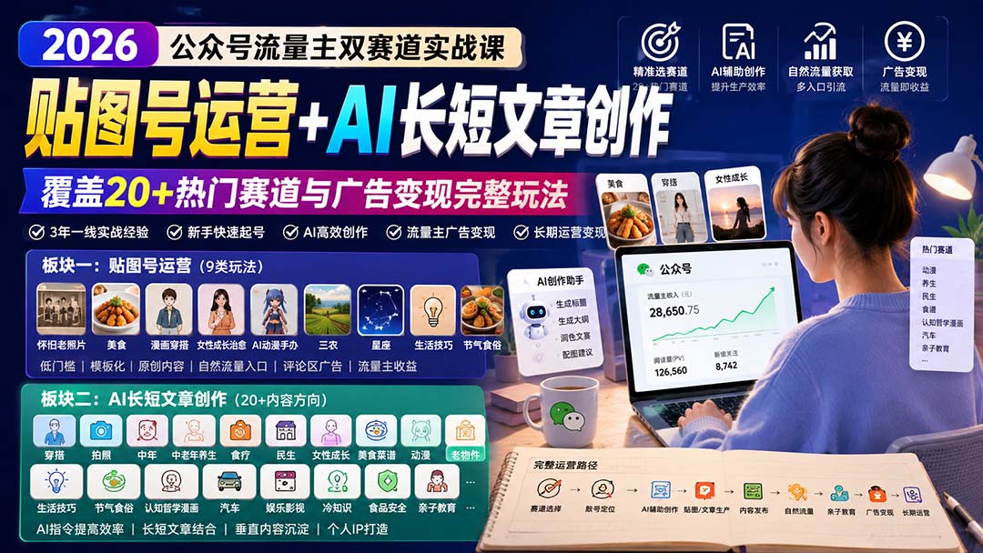 公众号流量主双赛道实战课：贴图号运营+AI长短文章创作，覆盖20+热门赛道与广告变现完整玩法-我爱发帖