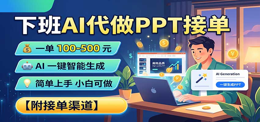 下班AI代做PPT接单，一单100-500，AI一键生成，小白也能做，附接单渠道-旺仔资源库