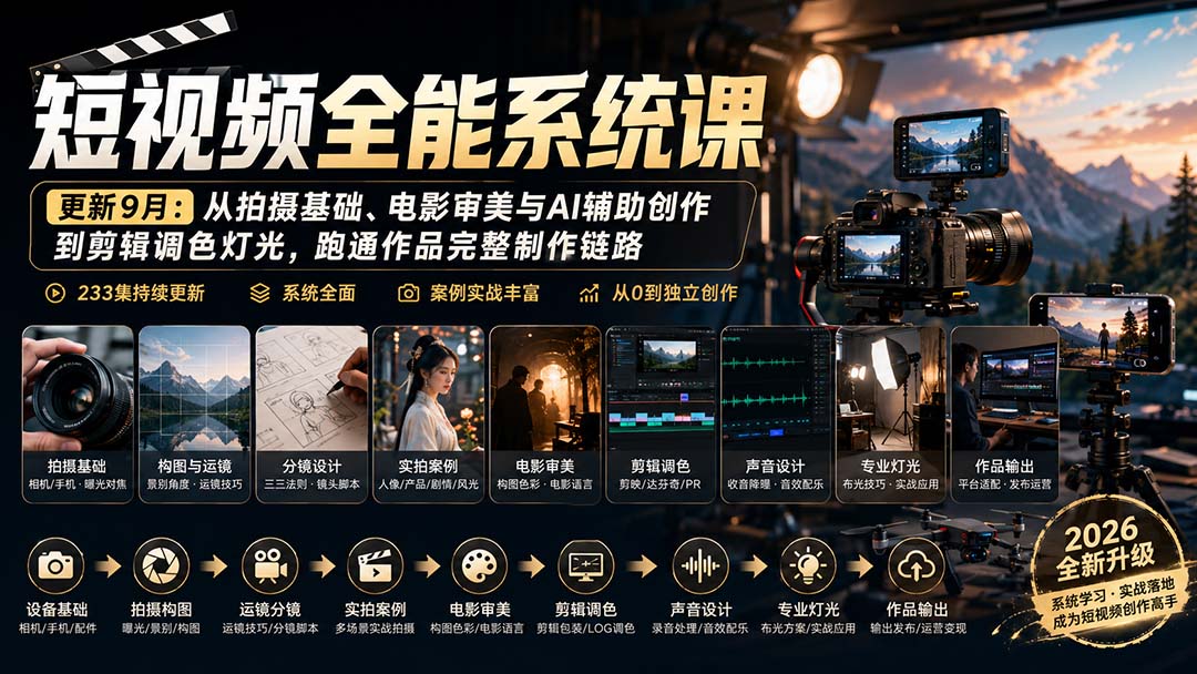 短视频全能系统课-更新8月233集：从拍摄基础、电影审美与AI辅助创作到剪辑调色灯光，跑通作品完整制作链路采购|汽车产业|汽车配件|机加工企业家交流社群中心