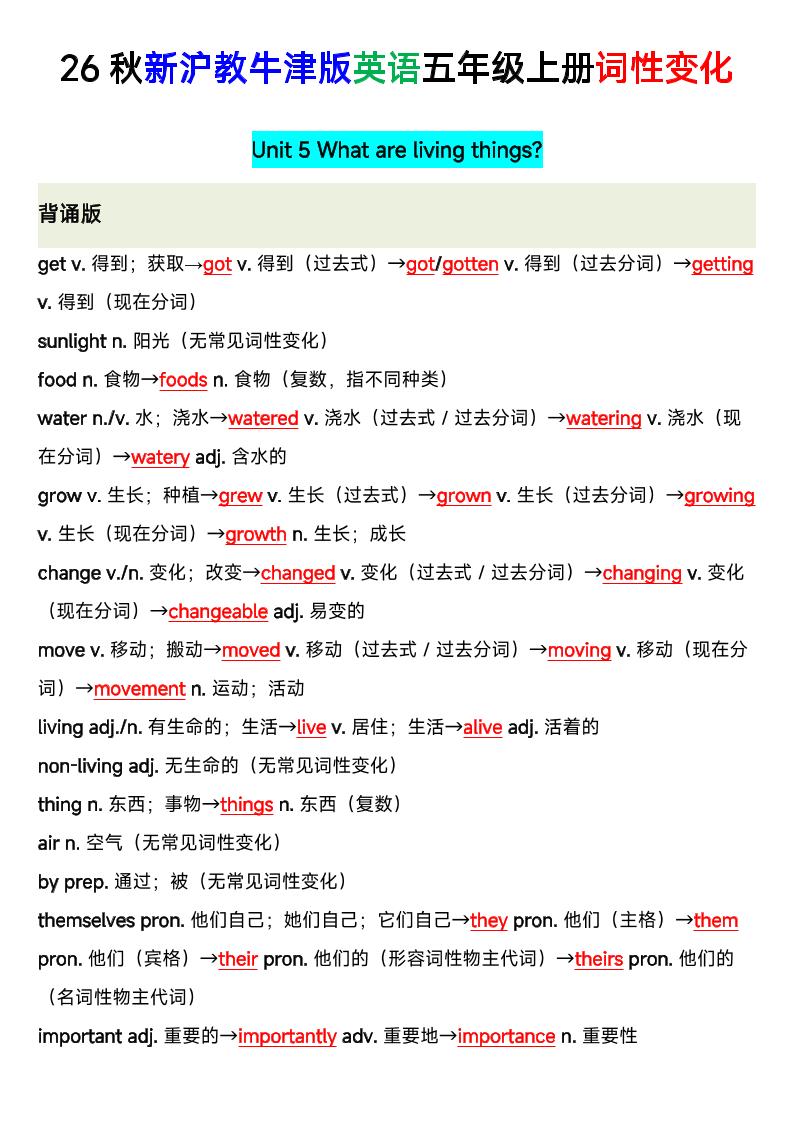 26秋沪教牛津版英语五年级上册U5-U8单词词性变化｜焦圣希 18818568866