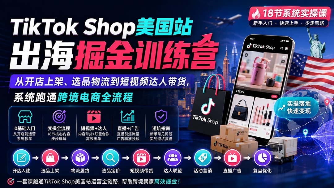 TikTok Shop美国站出海掘金训练营：从开店上架、选品物流到短视频达人带货，系统跑通跨境电商全流程｜焦圣希 18818568866