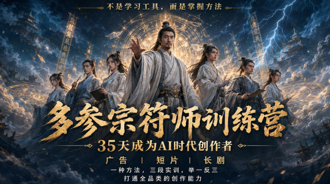 多参宗符师训练营,35天成为AI时代创作者,广告|短片|长剧,一种方法,三段实训,举一反三,打通全品类的创作能力-旺仔资源库