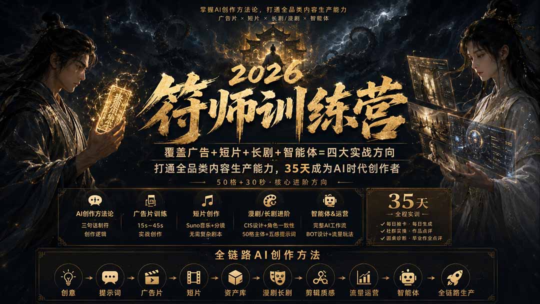 符师训练营-35天成为AI时代创作者，广告+短片+漫剧+智能体四大实战方向，掌握从创意到上线的完整工作流-我爱发帖