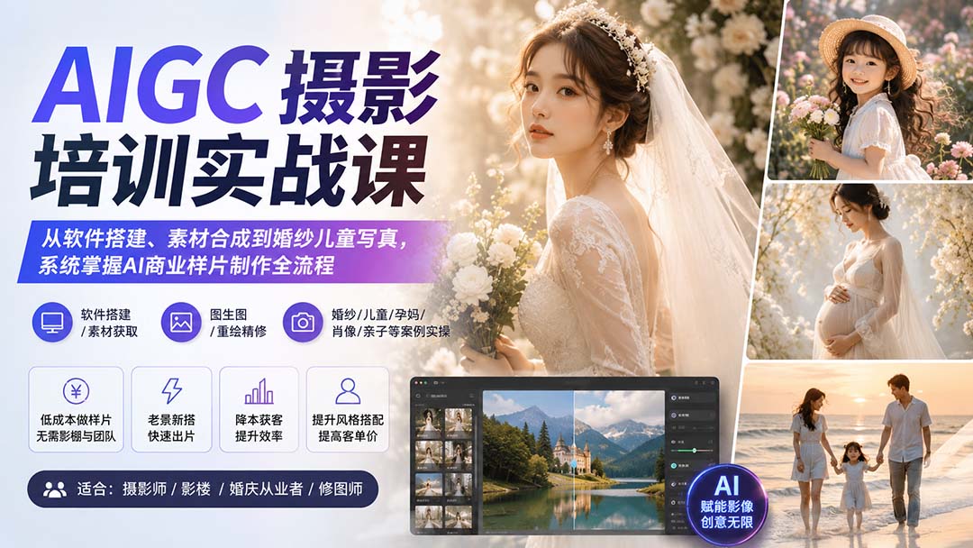 AIGC摄影培训实战课：从软件搭建、素材合成到婚纱儿童写真，系统掌握AI商业样片制作全流程｜焦圣希 18818568866