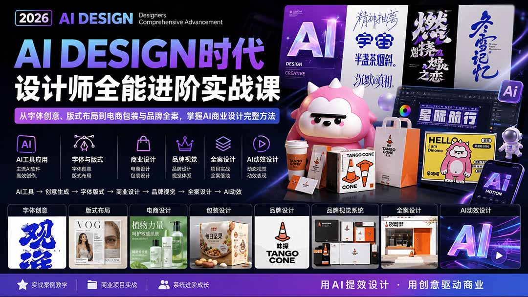 2026AI DESIGN时代设计师全能进阶实战课：从字体创意、版式布局到电商包装与品牌全案，掌握AI商业设计完整方法-旺仔资源库