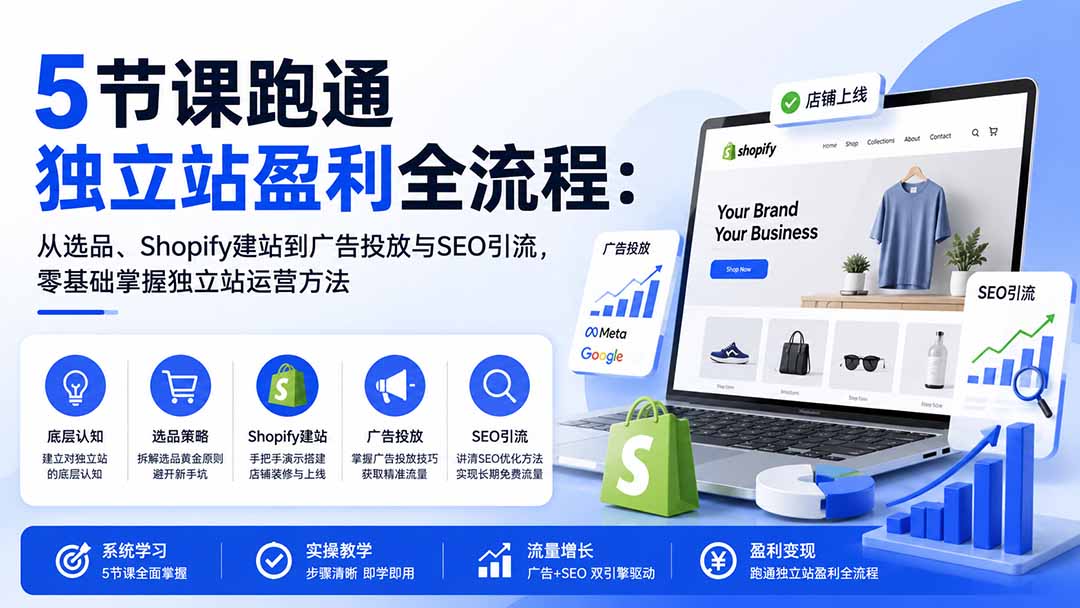5节课跑通独立站盈利全流程：从选品、Shopify建站到广告投放与SEO引流，零基础掌握独立站运营方法-吾爱自习网