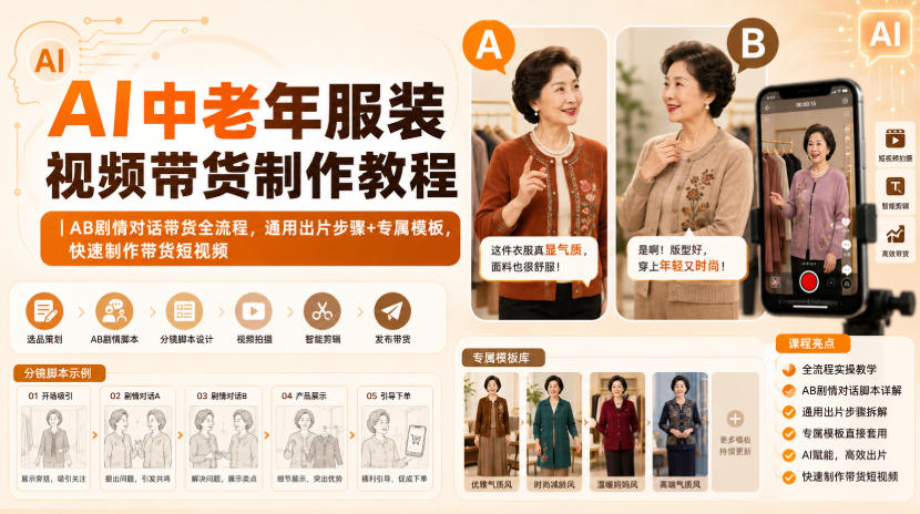 AI中老年服装视频带货制作教程|AB剧情对话带货全流程,通用出片步骤+专属模板,快速制作带货短视频-旺仔资源库