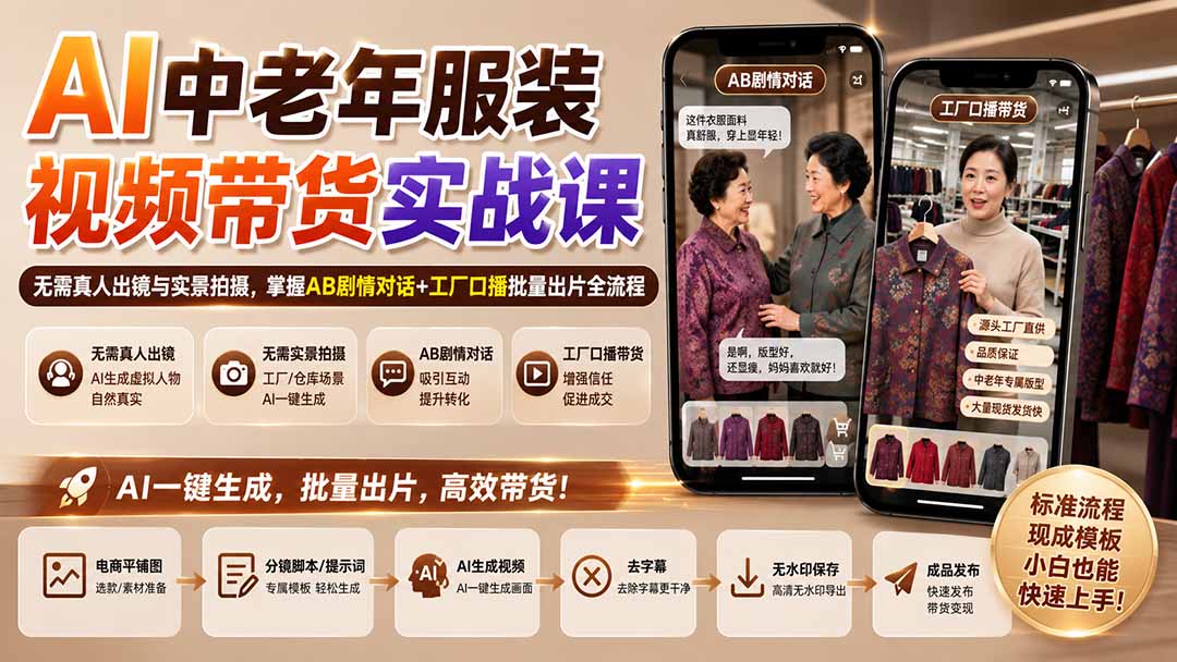 AI中老年服装视频带货实战课：无需真人出镜与实景拍摄，掌握AB剧情对话+工厂口播批量出片全流程-我爱发帖