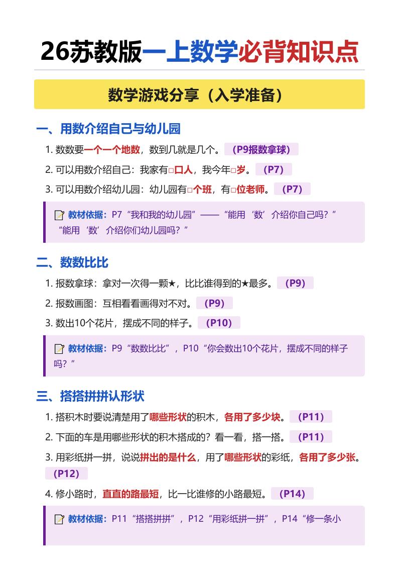 26苏教版一上数学必背知识点（全册）｜焦圣希 18818568866