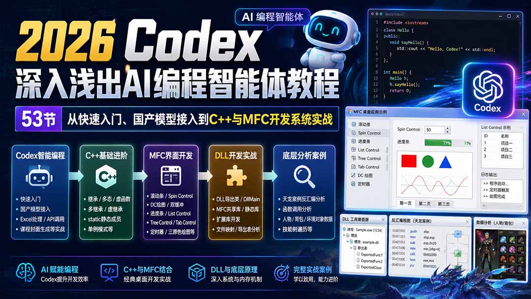 2026 Codex深入浅出AI编程智能体教程：53节从快速入门、国产模型接入到C++与MFC开发系统实战-我爱发帖