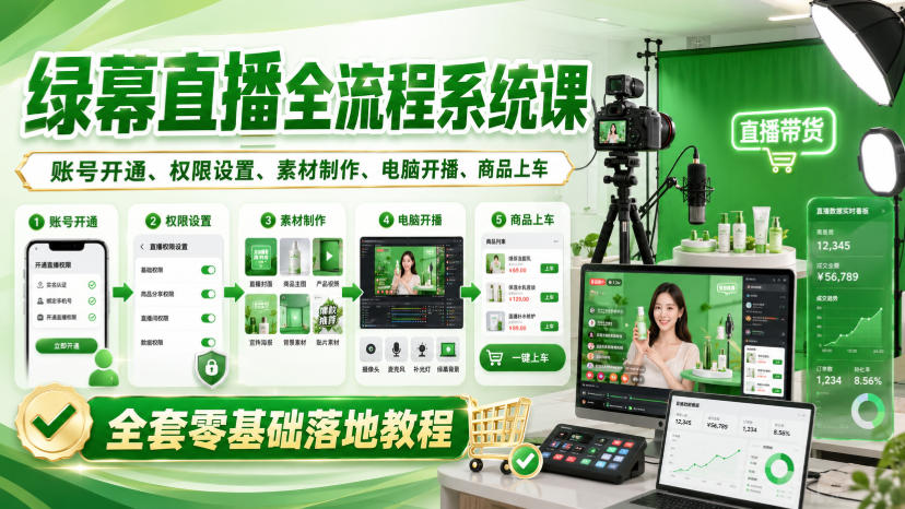 绿幕直播全流程系统课,账号开通、权限设置、素材制作、电脑开播、商品上车全套零基础落地教程-我爱发帖
