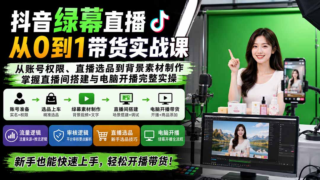 抖音绿幕直播从0到1带货实战课:从账号权限、直播选品到背景素材制作,掌握直播间搭建与电脑开播完整实操-旺仔资源库