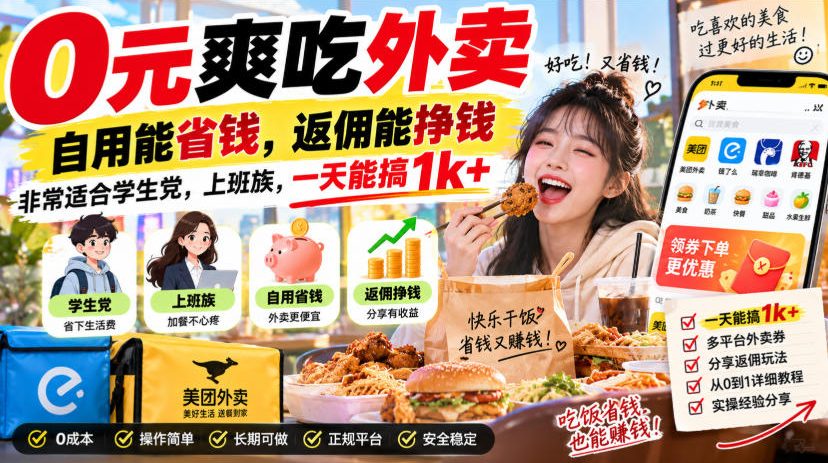 0元爽吃外卖，自用能省钱，返佣能挣钱，非常适合学生党，上班族，一天能搞1k+-我爱发帖