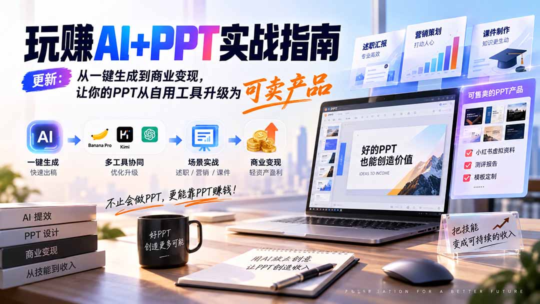 玩赚AI+PPT实战指南-更新5月13:从一键生成到商业变现,让你的PPT从自用工具升级为可卖产品-知梦网创