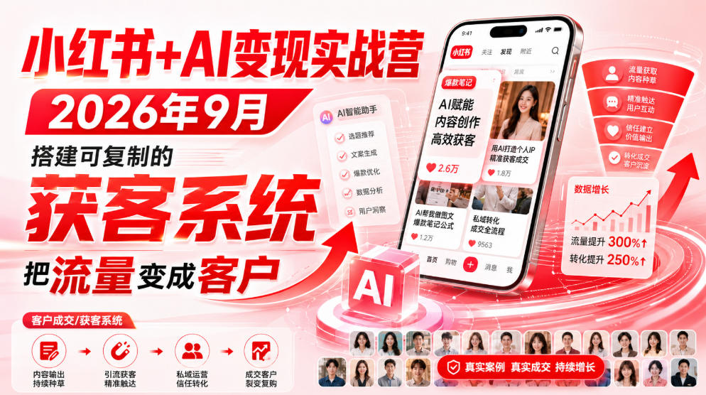 小红书+AI变现实战营2026年9月,搭建可复制的获客系统,把流量变成客户!