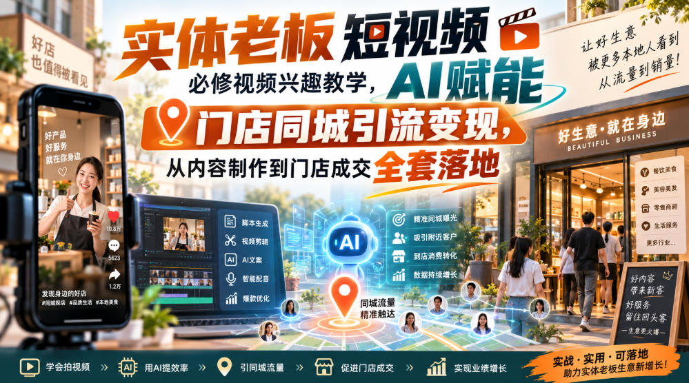 实体老板短视频必修视频兴趣教学，AI赋能门店同城引流变现，AI+短视频+直播打爆实体客流量-吾爱自习网