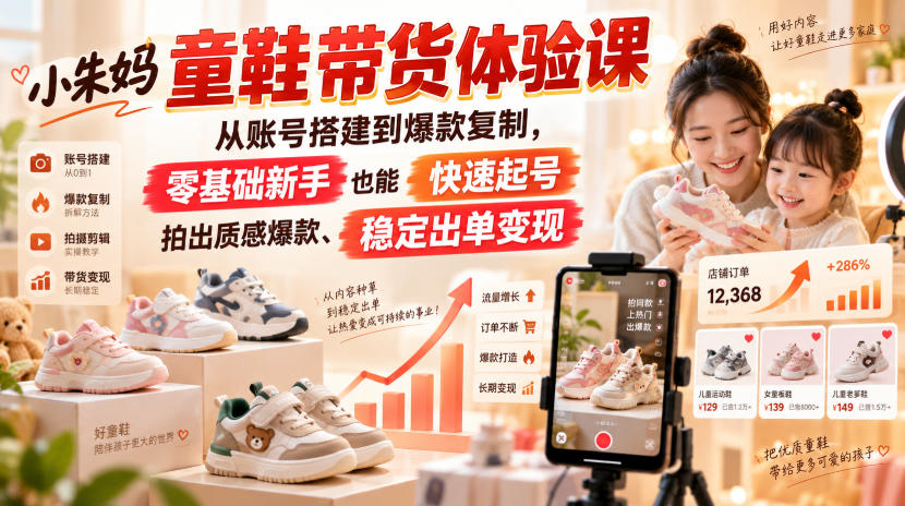 小朱妈童鞋带货体验课,从账号搭建到爆款复制,零基础新手也能快速起号、拍出质感爆款、稳定出单变现