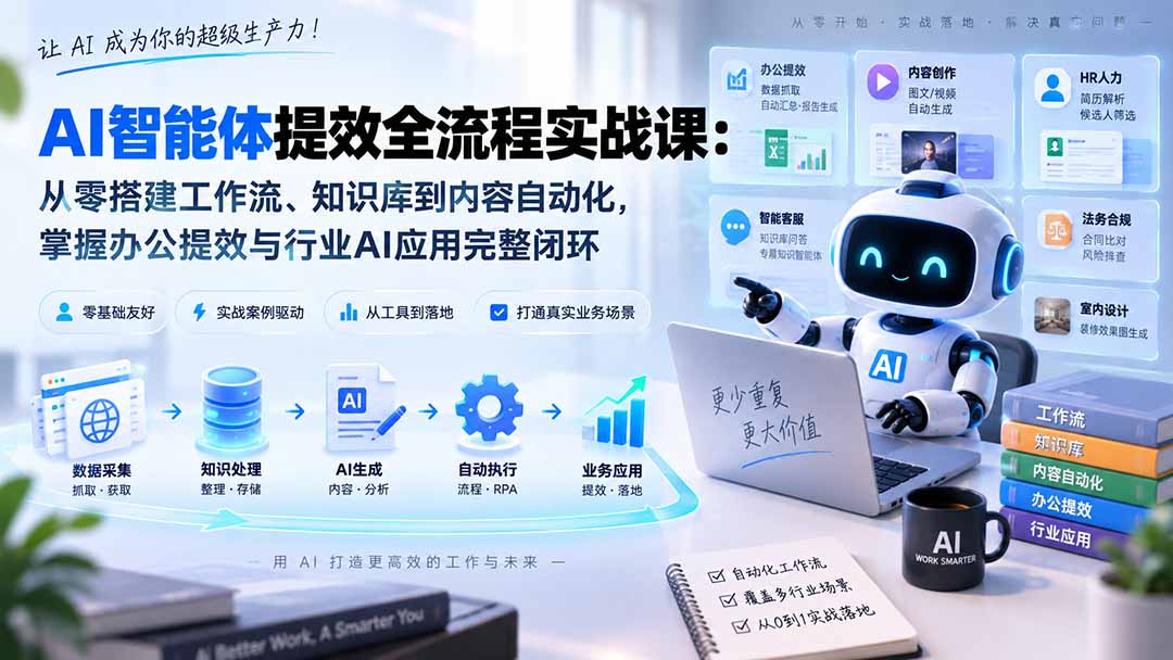 AI智能体提效全流程实战课：从零搭建工作流、知识库到内容自动化，掌握办公提效与行业AI应用完整闭环-吾爱自习网