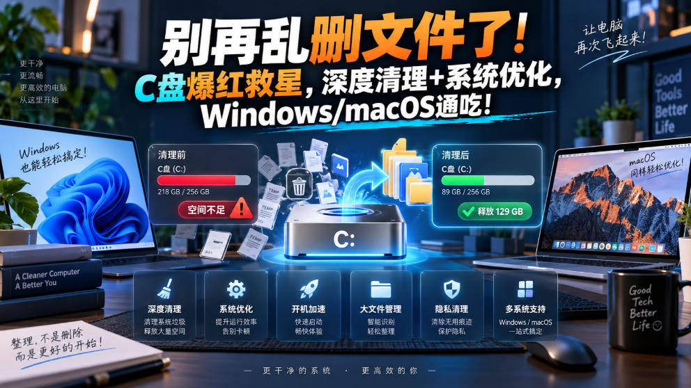 别再乱删文件了！C盘爆红救星，深度清理+系统优化，Windows/macOS通吃！-吾爱自习网
