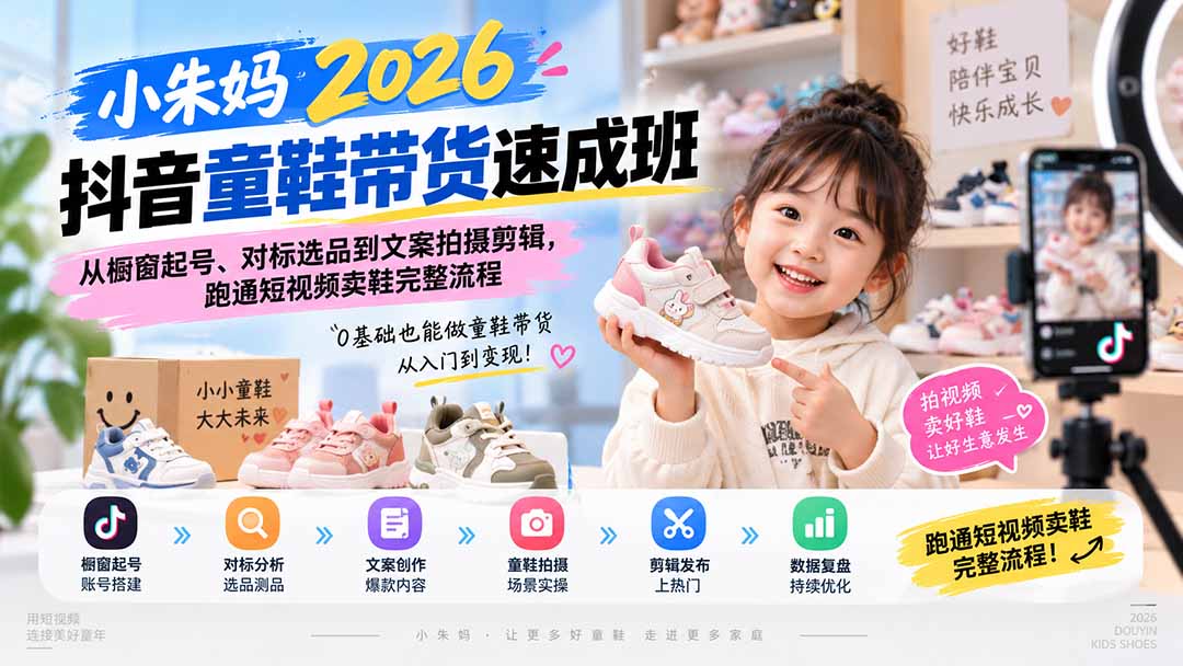 小朱妈2026抖音童鞋带货速成班：从橱窗起号、对标选品到文案拍摄剪辑，跑通短视频卖鞋完整流程-吾爱自习网
