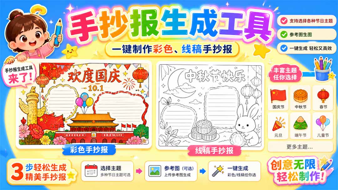 手抄报批量生成工具来了，完全免费，告别豆包生图，这个高清无水印-吾爱自习网