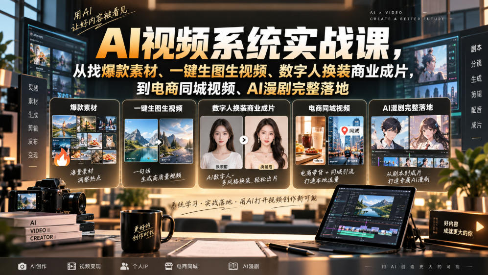 AI视频系统实战课，从找爆款素材、一键生图生视频、数字人换装商业成片，到电商同城视频、AI漫剧完整落地-吾爱自习网