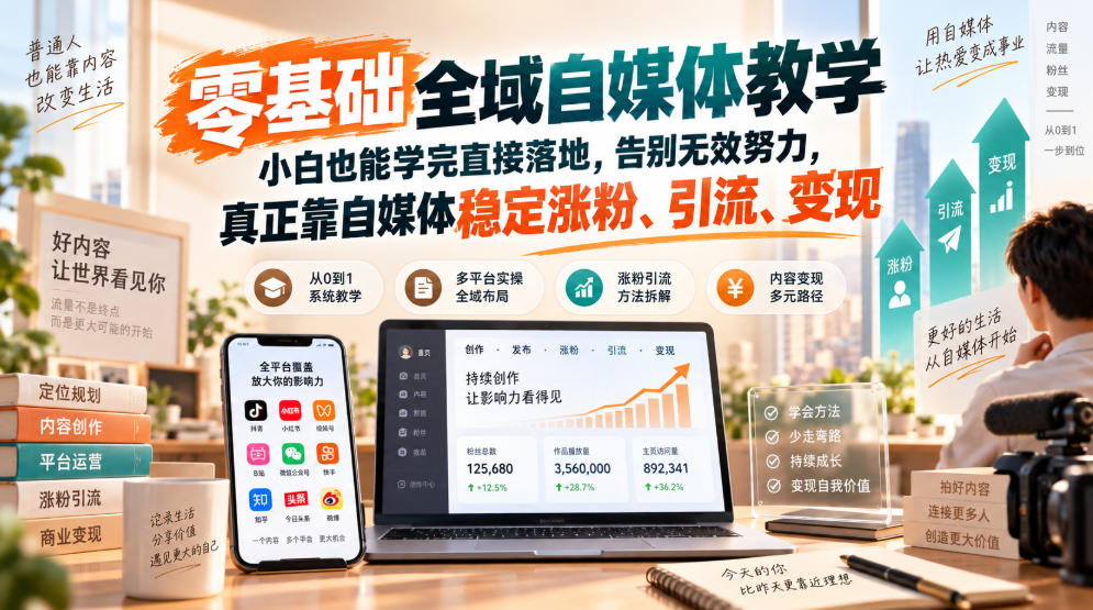 零基础全域自媒体教学，小白也能学完直接落地，告别无效努力，真正靠自媒体稳定涨粉、引流、变现-吾爱自习网