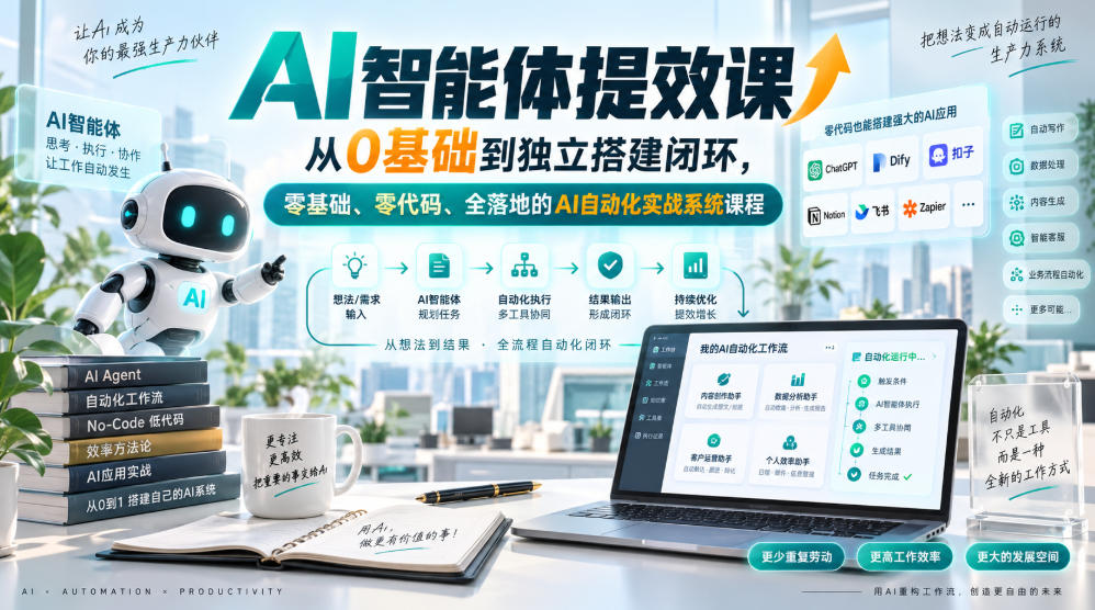 AI智能体提效课，从0基础到独立搭建闭环，零基础、零代码、全落地的AI自动化实战系统课程-吾爱自习网