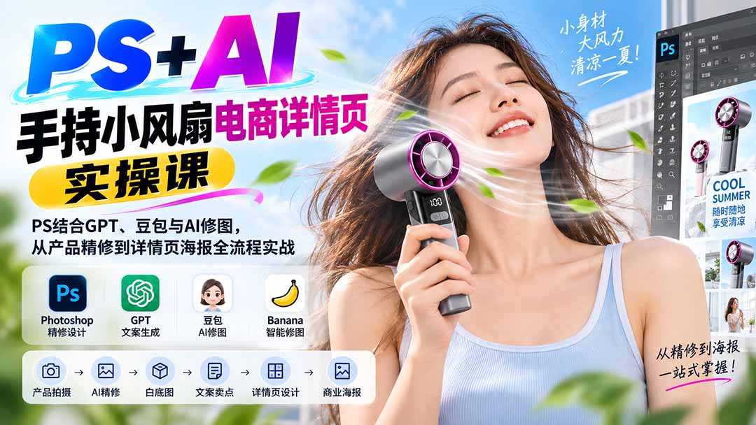 PS+AI手持小风扇电商详情页实操课:PS结合GPT、豆包与AI修图,从产品精修到详情页海报全流程实战-旺仔资源库