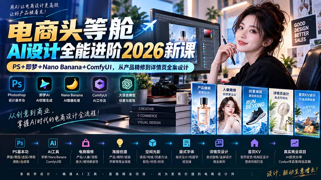 电商头等舱AI设计全能进阶2026新课:PS+即梦+Nano Banana+ComfyUI,从产品精修到详情页全案设计-我爱发帖