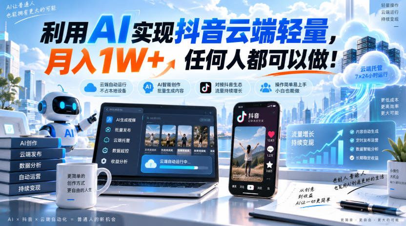 利用AI实现抖音云端轻量,月入1W+,任何人都可以做!【揭秘】-旺仔资源库