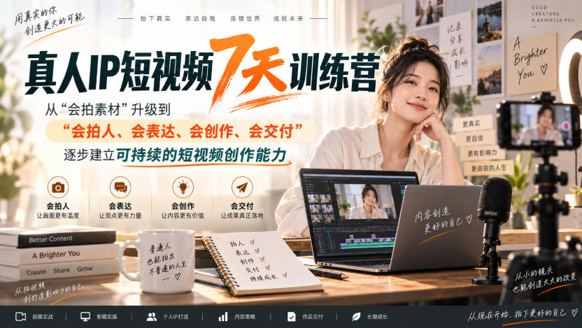 真人IP短视频7天训练营,从“会拍素材”升级到“会拍人、会表达、会创作、会交付”,逐步建立可持续的短视频创作能力-旺仔资源库