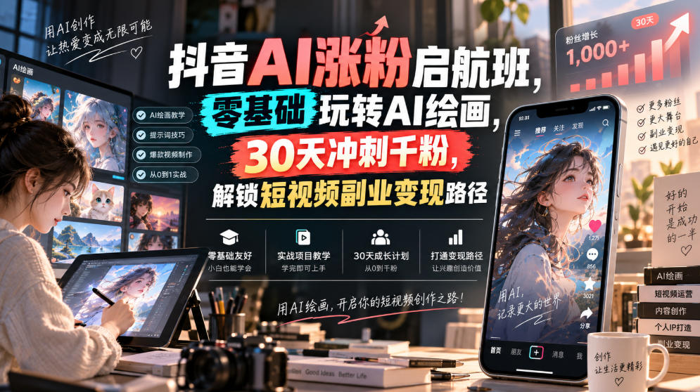 抖音AI涨粉启航班,零基础玩转AI绘画,30天冲刺千粉,解锁短视频副业变现路径-旺仔资源库