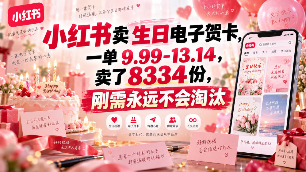 小红书卖生日电子贺卡,一单9.99-13.14,卖了8334份,刚需永远不会淘汰