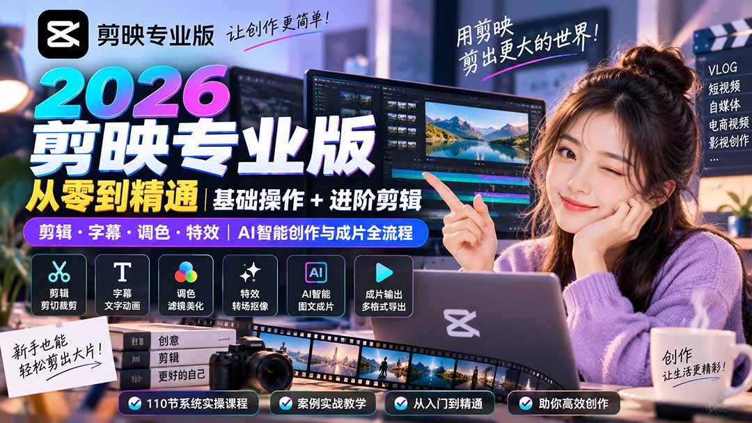 2026剪映专业版从零到精通｜基础操作+进阶剪辑｜剪辑·字幕·调色·特效｜AI智能创作与成片全流程
