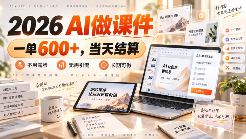 2026 AI做课件,一单600+,当天结算,不用露脸,无需引流,长期可做【揭秘】-旺仔资源库
