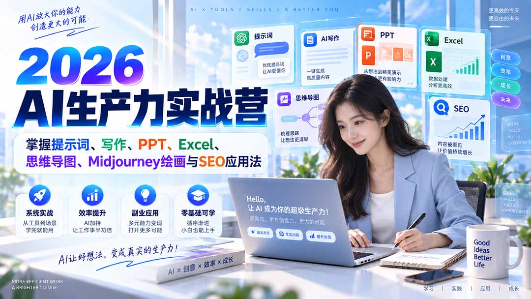 2026AI生产力实战营：掌握提示词、写作、PPT、Excel、思维导图、Midjourney绘画与SEO应用法-我爱发帖