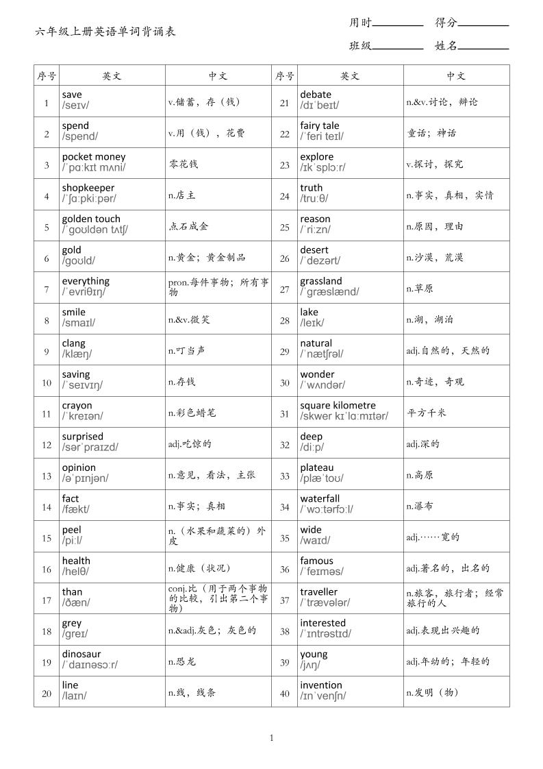 新六上英语单词背诵表《外研版》｜焦圣希 18818568866