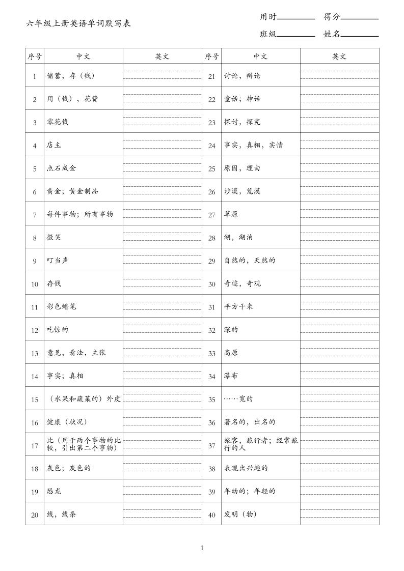 新六上英语单词背诵表（中译英）《外研版》｜焦圣希 18818568866