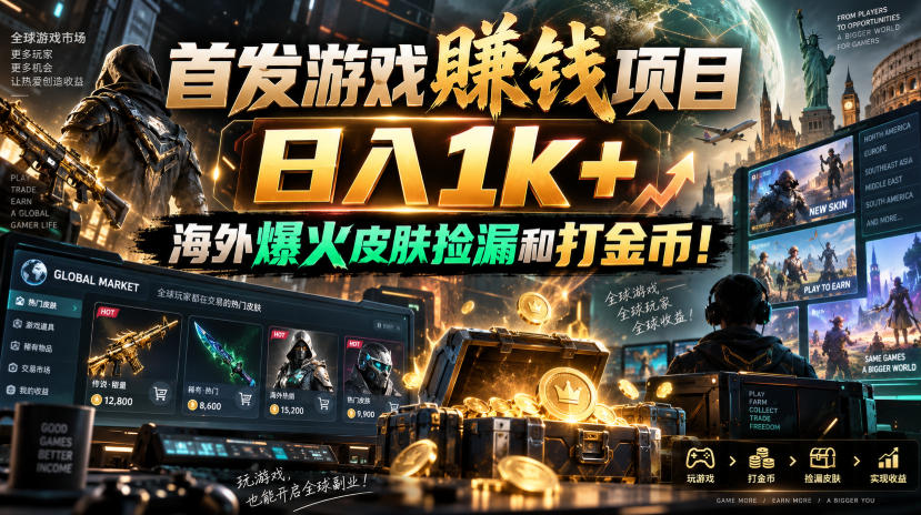 首发游戏賺钱项目，日入1k+，海外爆火皮肤捡漏和打金币！【揭秘】-旺仔资源库