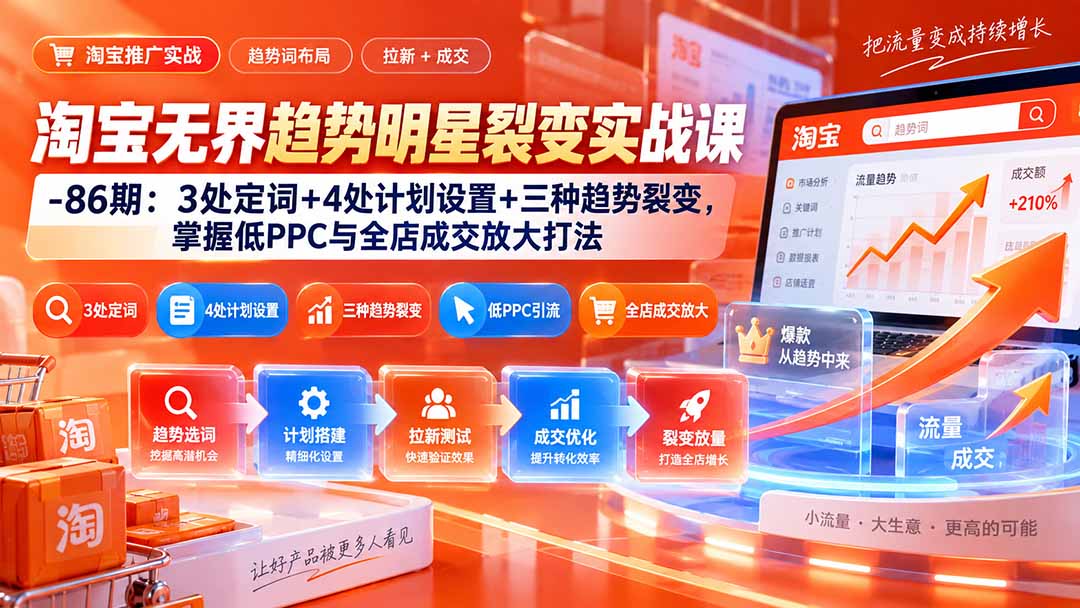 淘宝无界趋势明星裂变实战课-86期：3处定词+4处计划设置+三种趋势裂变，掌握低PPC与全店成交放大打法-我爱发帖