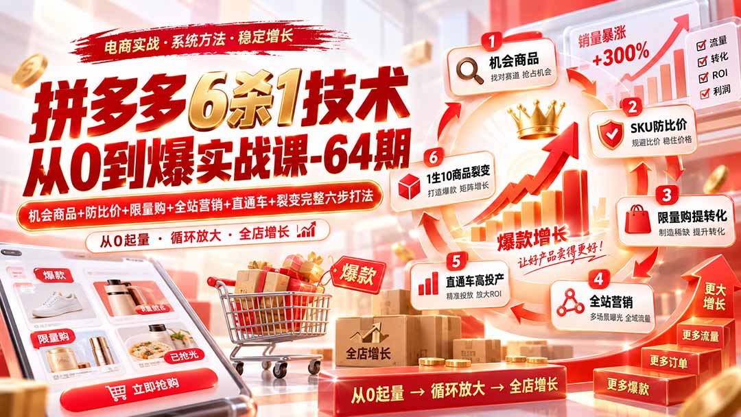 拼多多6杀1技术从0到爆实战课-64期：机会商品+防比价+限量购+全站营销+直通车+裂变完整六步打法-旺仔资源库