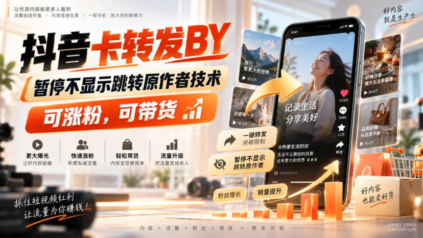 抖音卡转发搬运，暂停不显示跳转原作者技术，可涨粉，可带货-我爱发帖