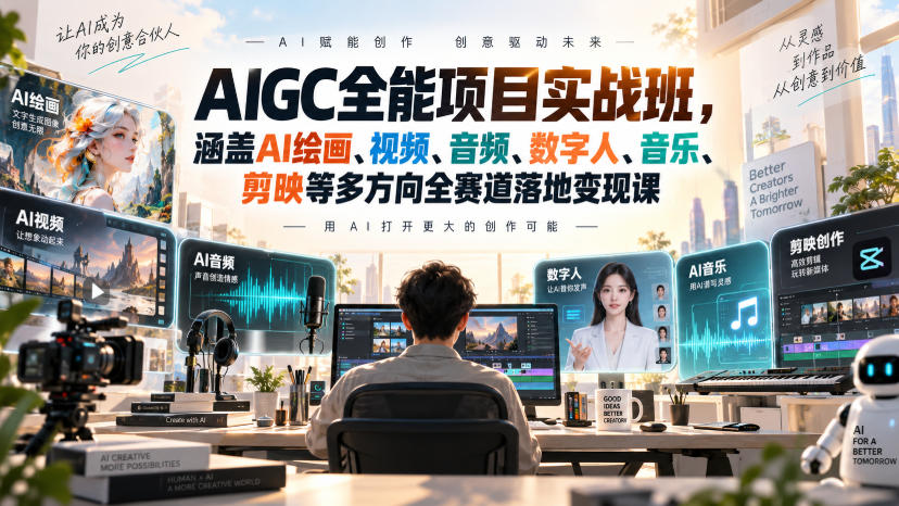 AIGC全能项目实战班，涵盖AI绘画、视频、音频、数字人、音乐、剪映等多方向全赛道落地变现课-我爱发帖