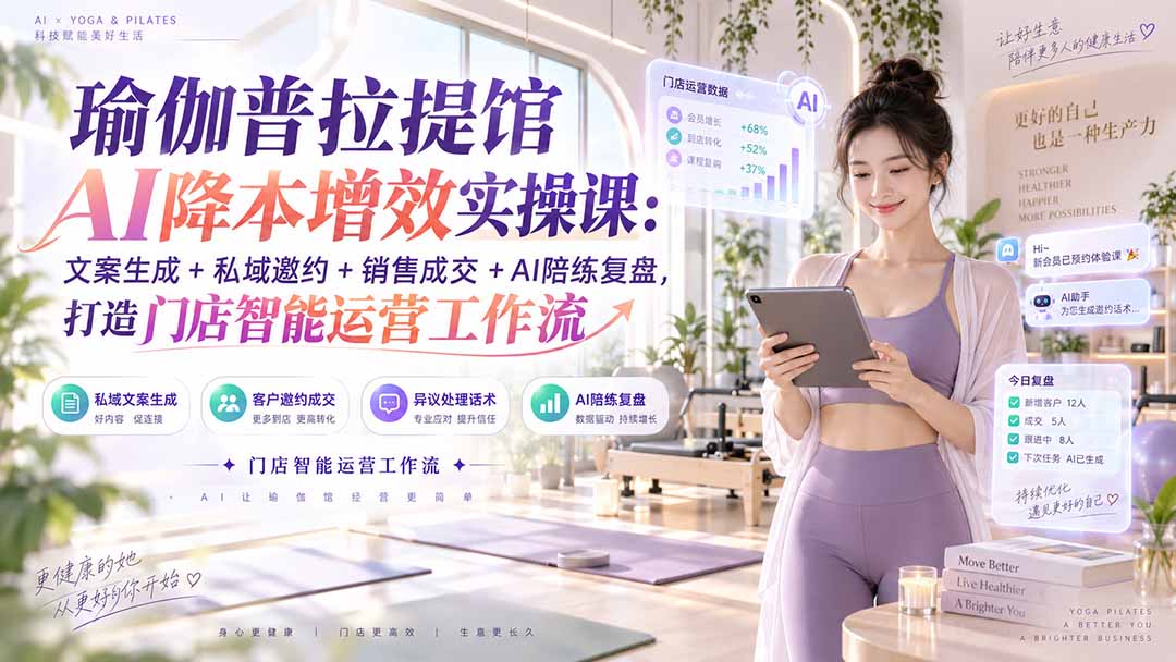 瑜伽普拉提馆AI降本增效实操课：文案生成+私域邀约+销售成交+AI陪练复盘，打造门店智能运营工作流-我爱发帖