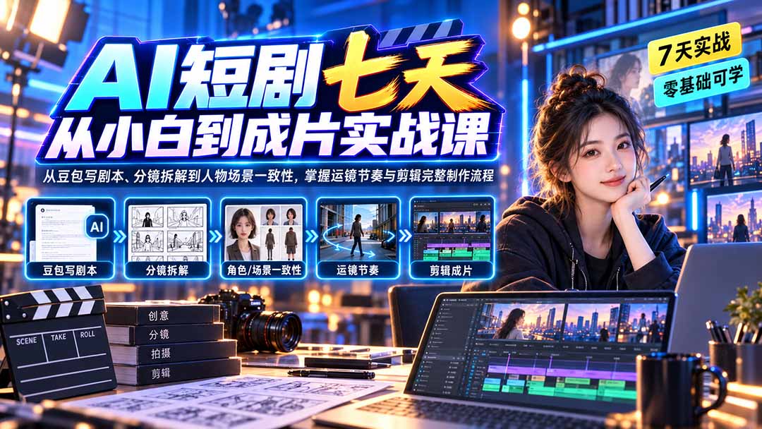 AI短剧七天从小白到成片实战课：从豆包写剧本、分镜拆解到人物场景一致性，掌握运镜节奏与剪辑完整制作流程