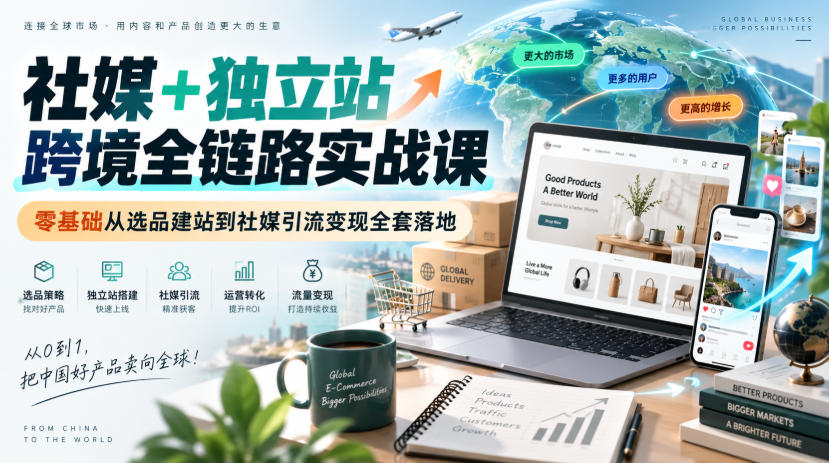 社媒+独立站跨境全链路实战课|零基础从选品建站到社媒引流变现全套落地-旺仔资源库