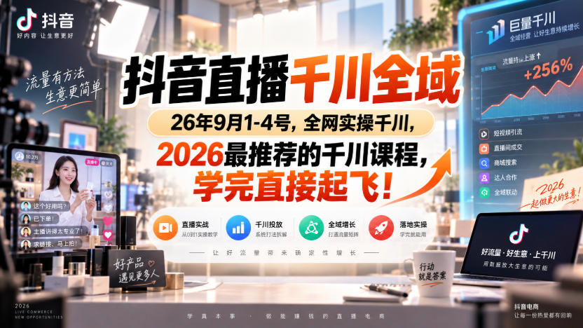 抖音直播千川全域26年9月1-4号，全网实操千川，2026最推荐的千川课程，学完直接起飞！-我爱发帖