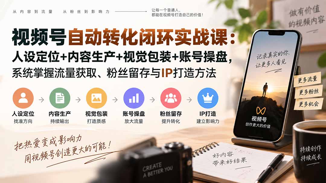 视频号自动转化闭环实战课：人设定位+内容生产+视觉包装+账号操盘，系统掌握流量获取、粉丝留存与IP打造方法-我爱发帖